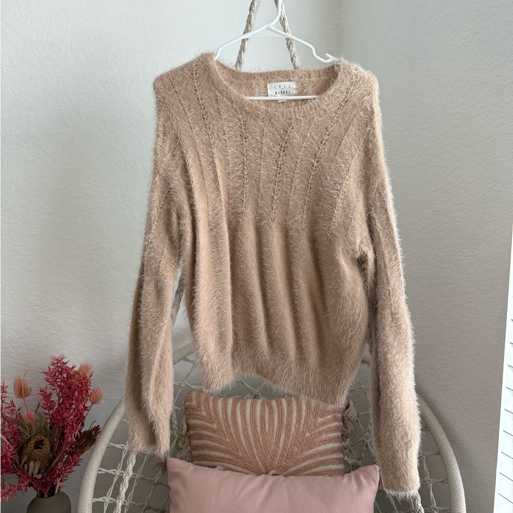 Francesca's Collections Tan and Pink Crew Neck Sweater